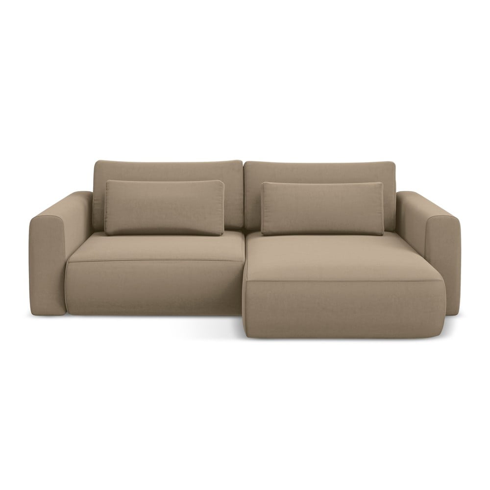 Világosbarna bársony kinyitható-tárolóhelyes sarokkanapé (jobb oldali-heverő résszel) Kapua – Makamii