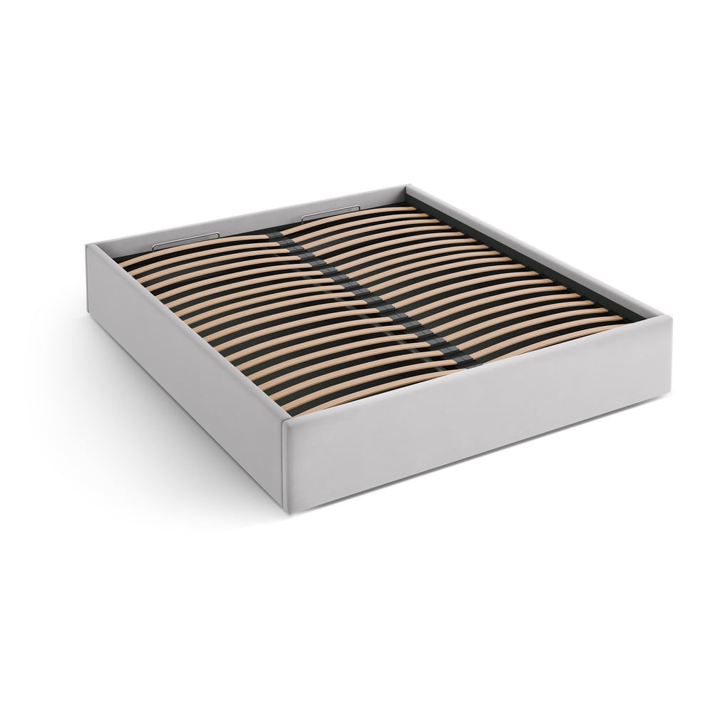 Világosszürke kárpitozott ágyneműtartós-ágytámla nélkül franciaágy ágyráccsal 200x200 cm Susan – Micadoni