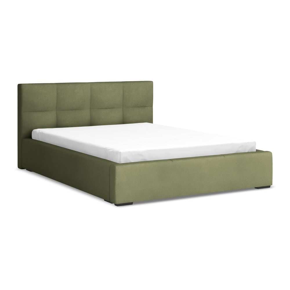 Zöld bársony kárpitozott ágyneműtartós franciaágy ágyráccsal 140x200 cm Hiko – Makamii