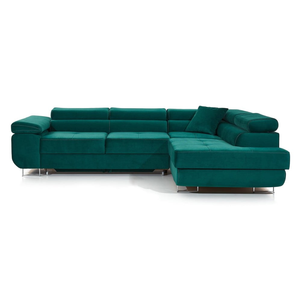 Zöld bársony kinyitható-tárolóhelyes sarokkanapé (jobb oldali-L alakú) Anton – ELTAP