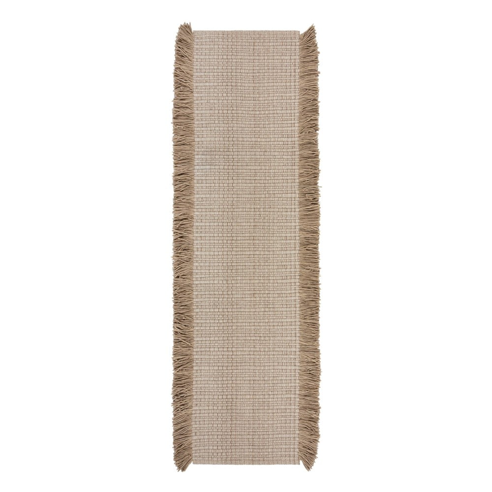Bézs kézi szövésű gyapjúkeverék futószőnyeg 60x230 cm Rene Fringed Ribbed – Flair Rugs