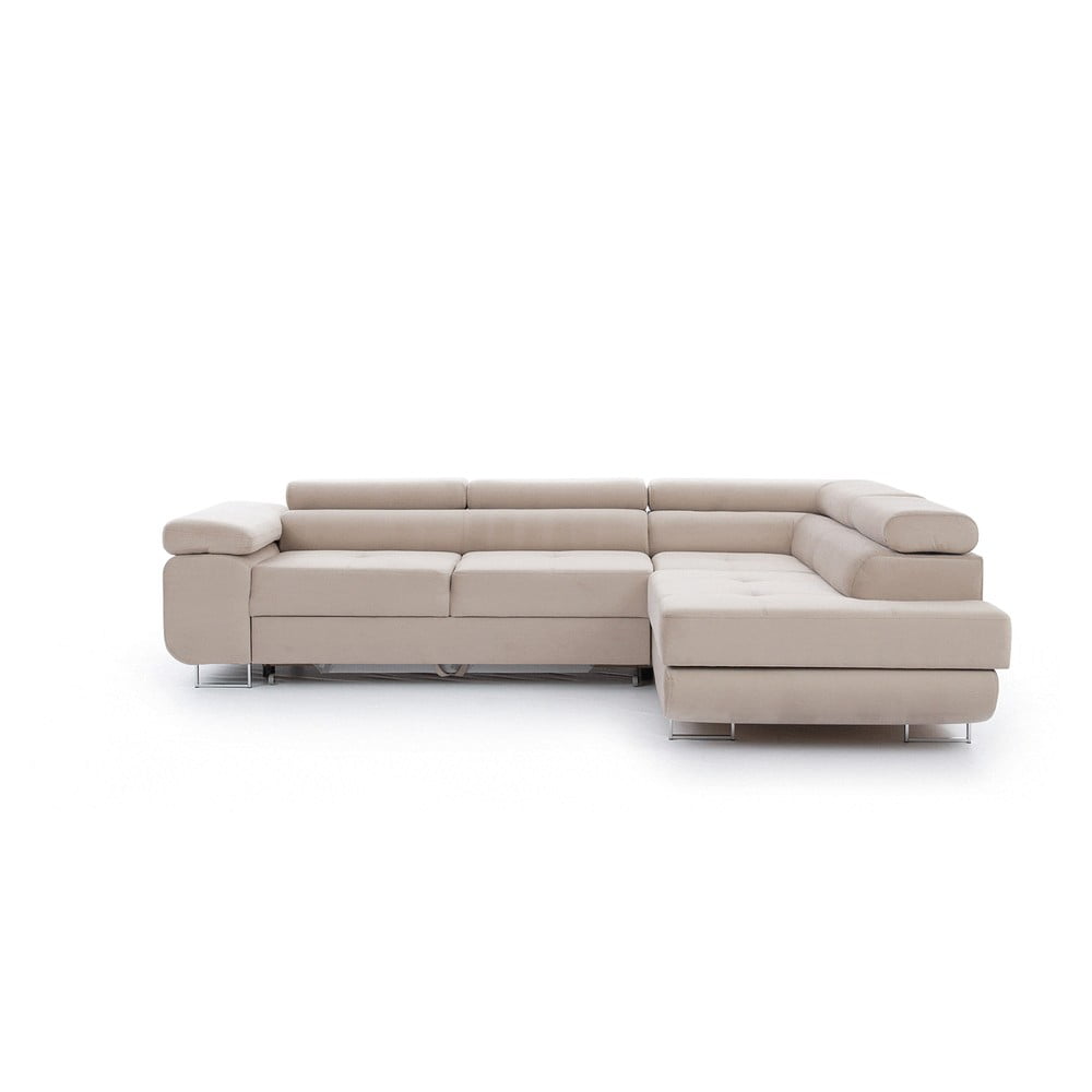 Bézs kinyitható-tárolóhelyes sarokkanapé (jobb oldali-L alakú) Anton – ELTAP