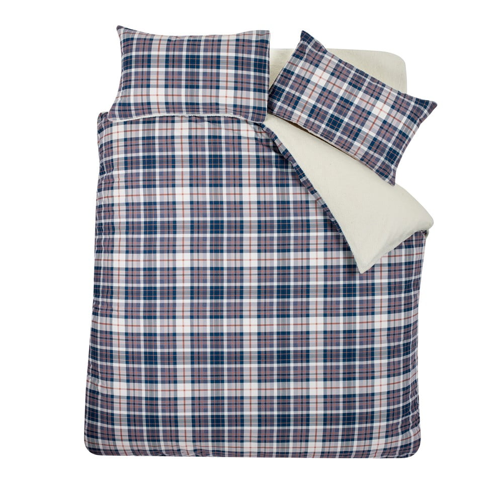 Kék-bézs kétszemélyes-hosszabbított sherpa ágyneműhuzat 230x220 cm Cosy Sherpa Check – Catherine Lansfield