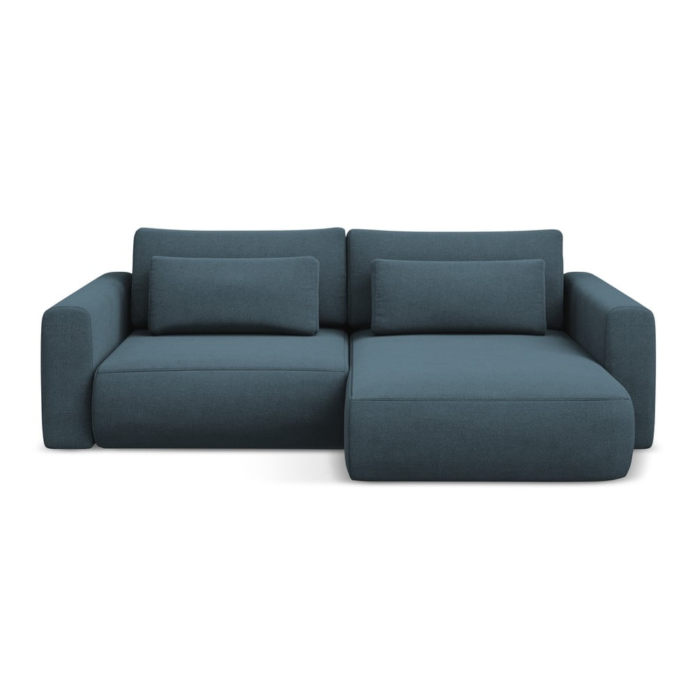 Kék kinyitható-tárolóhelyes sarokkanapé (jobb oldali-heverő résszel) Kapua – Makamii