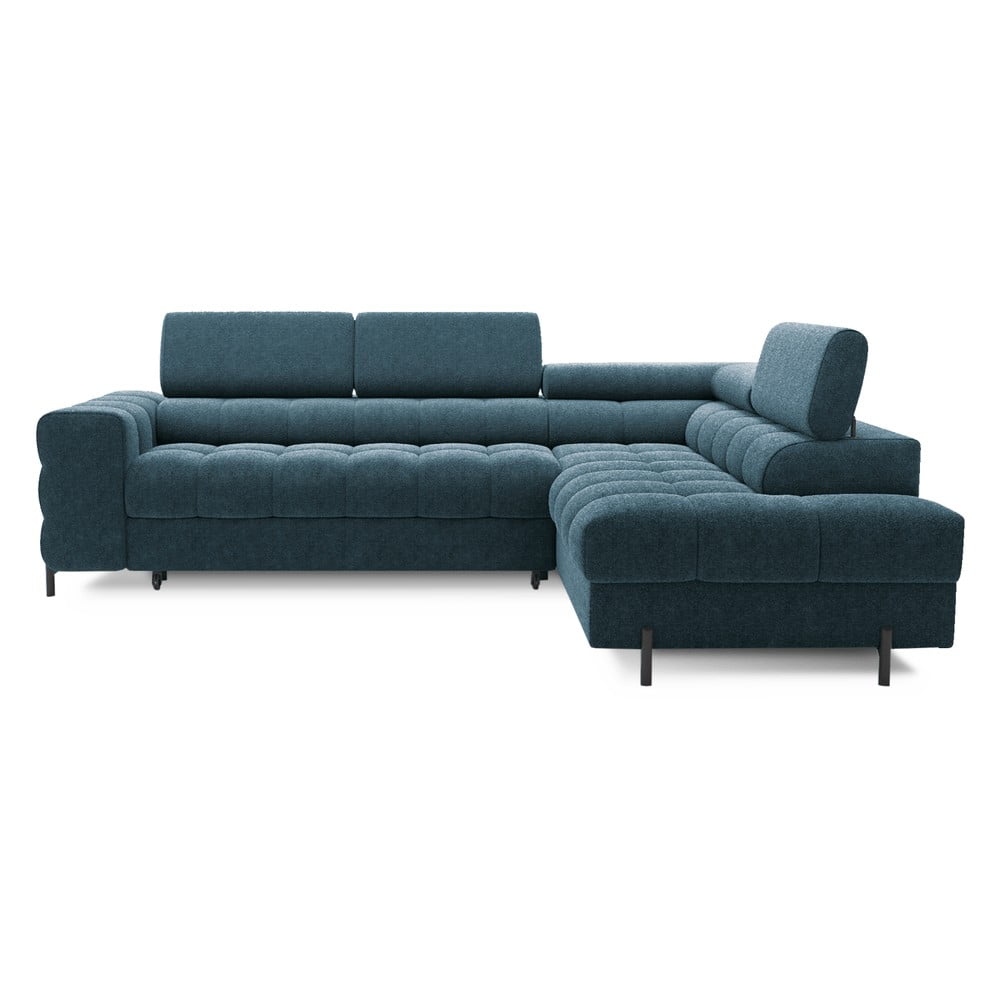 Kék zsenília kinyitható-tárolóhelyes sarokkanapé (jobb oldali-L alakú) Ferucce – ELTAP