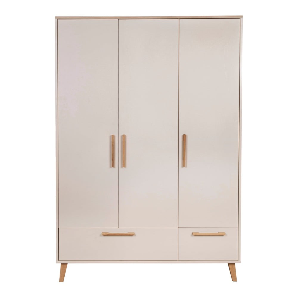 Krémszínű-natúr színű gyerek ruhásszekrény tölgyfa dekorral 138x200x55 cm Jil – Roba