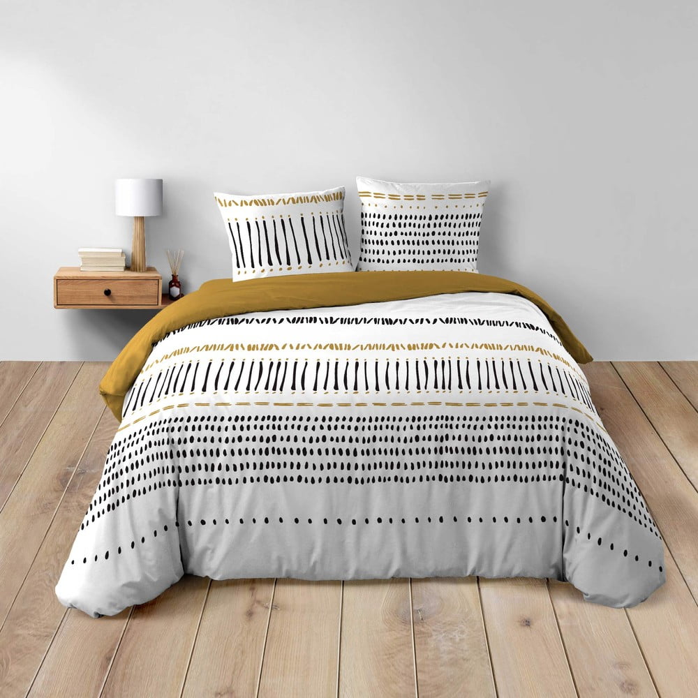 Mustársárga-fehér kétszemélyes-hosszabbított pamut ágyneműhuzat 240x220 cm Chicago – douceur d'intérieur