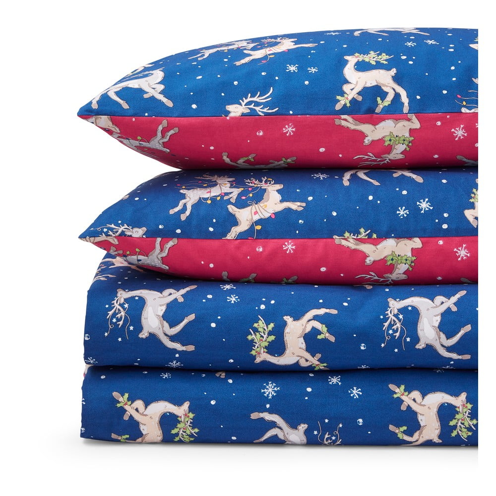 Piros-kék egyszemélyes pamut ágyneműhuzat 135x200 cm Christmas Reindeer – Their Nibs