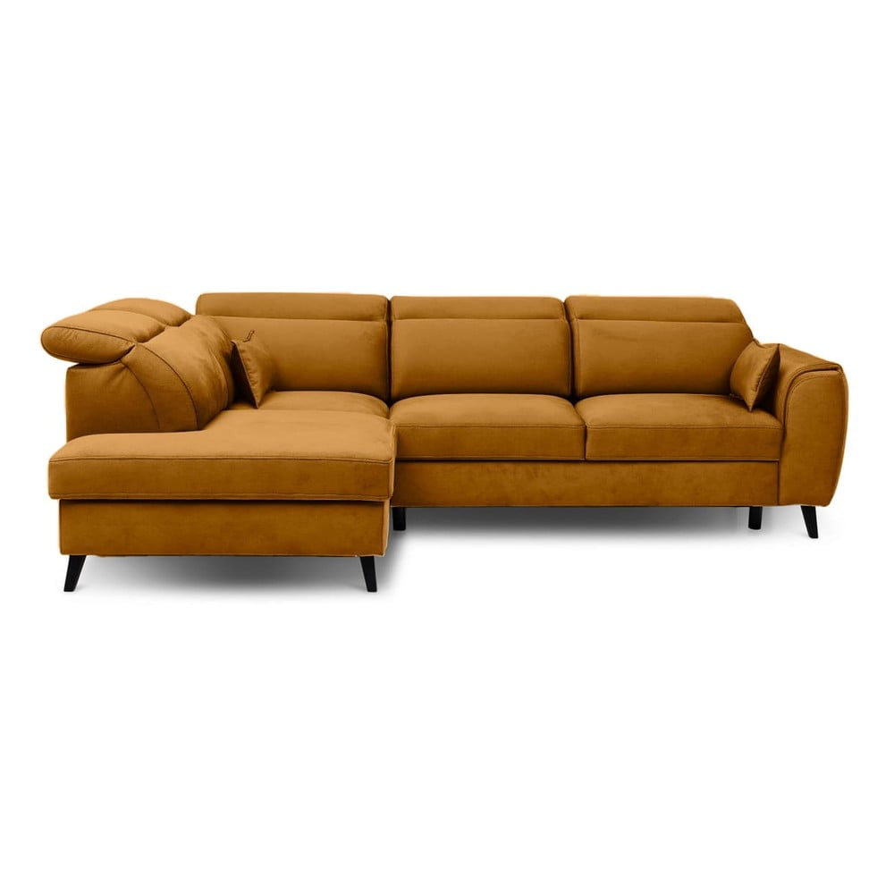 Sárga bársony kinyitható-tárolóhelyes sarokkanapé (bal oldali-L alakú) Noble – ELTAP