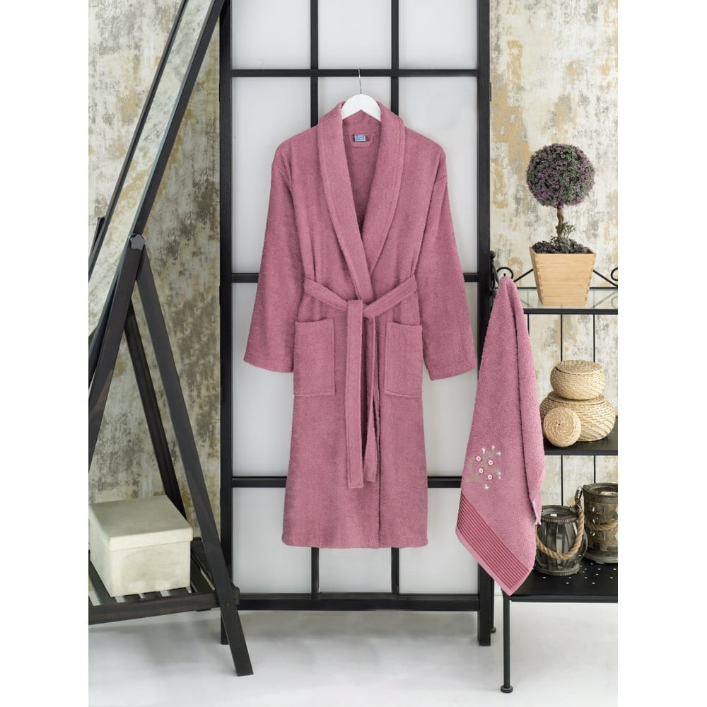 Sötét rózsaszín pamut fürdőköpeny és törölköző szett S/M – Mila Home