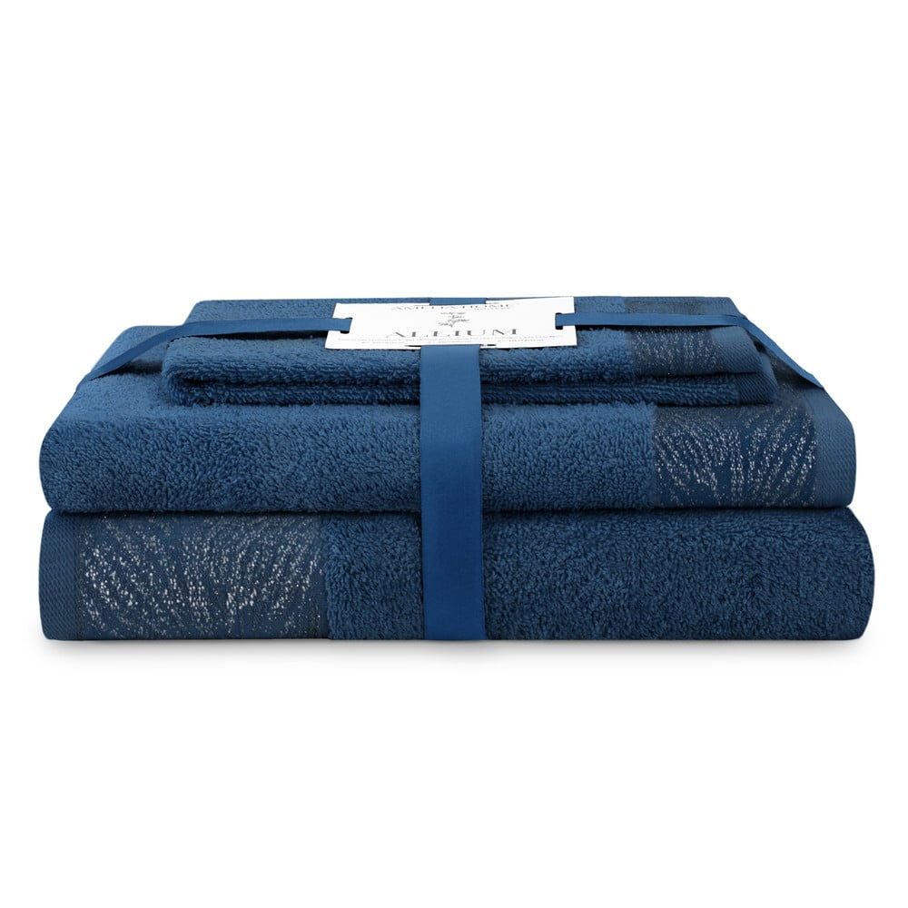 Sötétkék frottír pamut törölköző és fürdőlepedő készlet 3 db-os Allium – Restilo