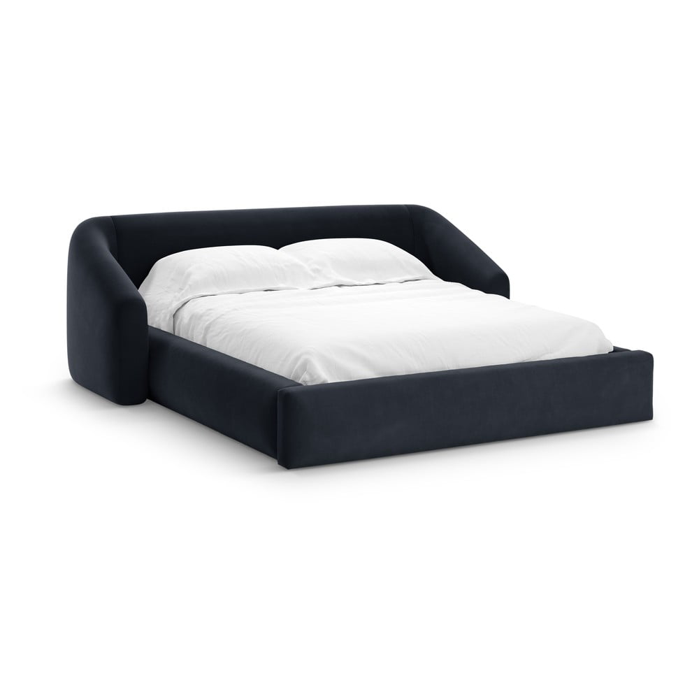 Sötétkék kárpitozott ágyneműtartós franciaágy ágyráccsal 180x200 cm Campi – Cosmopolitan Design
