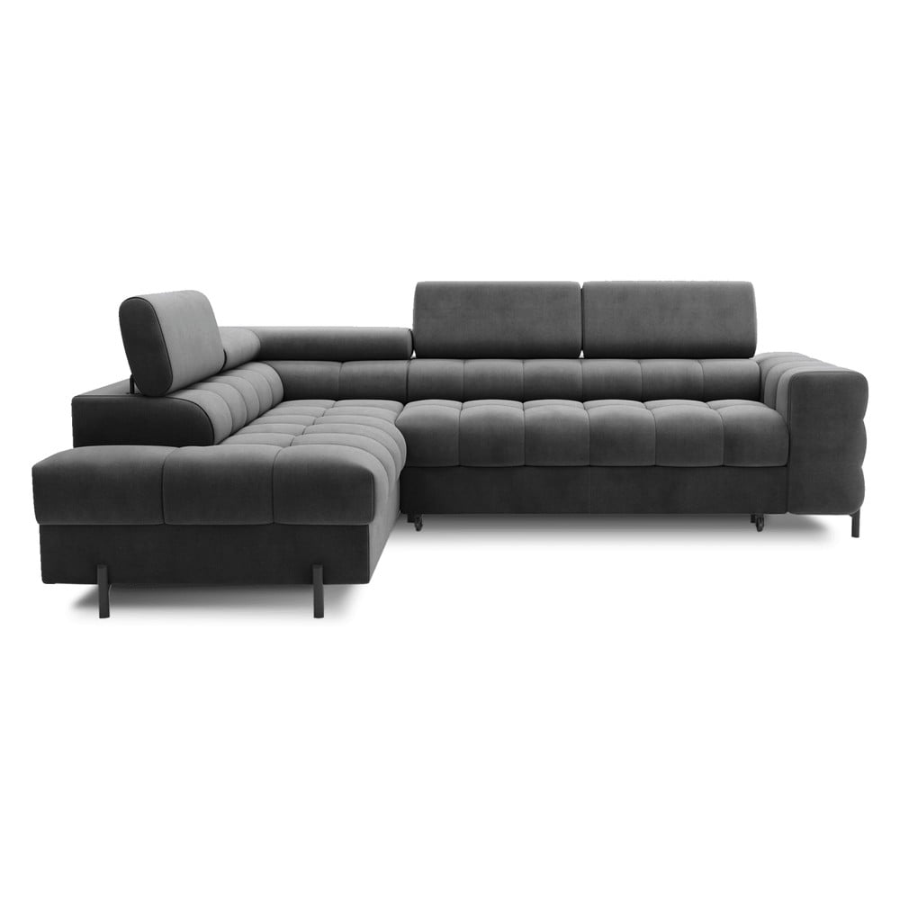 Sötétszürke bársony kinyitható-tárolóhelyes sarokkanapé (bal oldali-L alakú) Ferucce – ELTAP