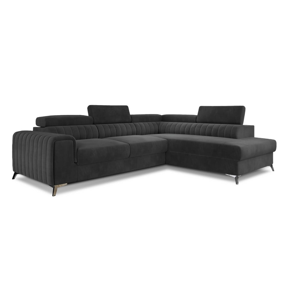 Sötétszürke bársony kinyitható-tárolóhelyes sarokkanapé (jobb oldali-L alakú) Laurence – ELTAP