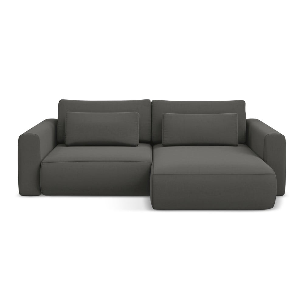 Sötétszürke bársony kinyitható-tárolóhelyes sarokkanapé (jobb oldali-heverő résszel) Kapua – Makamii
