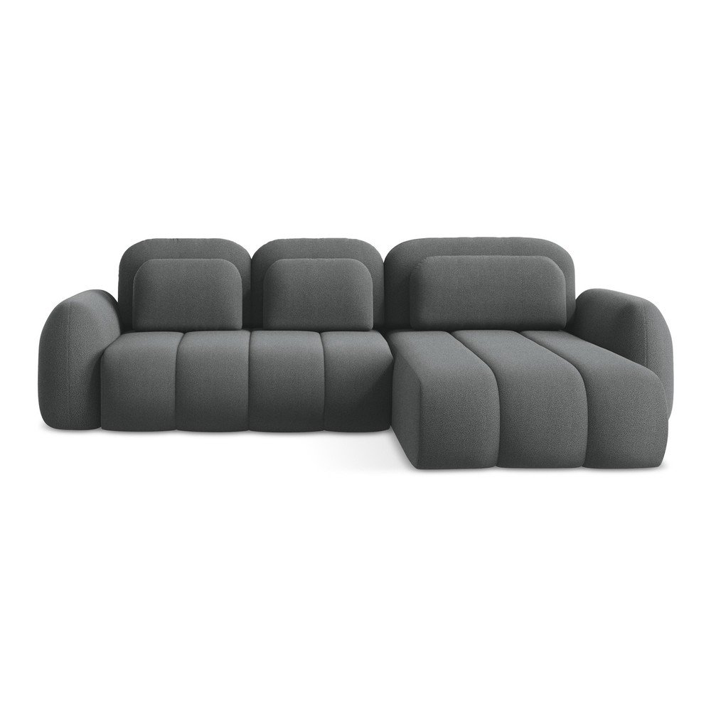 Sötétszürke buklé kinyitható-tárolóhelyes sarokkanapé (jobb oldali-heverő résszel) Pele – Makamii