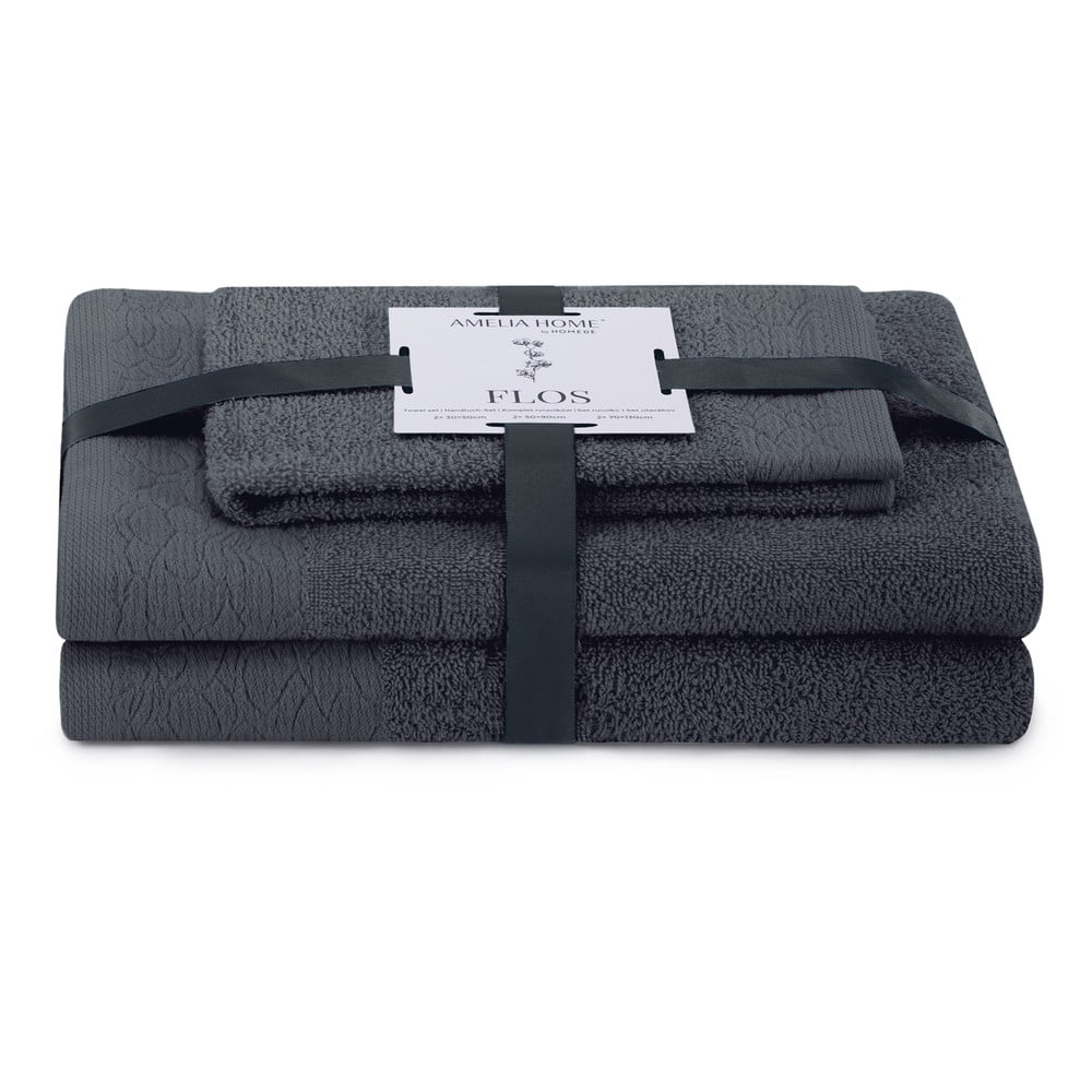 Sötétszürke frottír pamut törölköző és fürdőlepedő készlet 3 db-os Flos – Restilo
