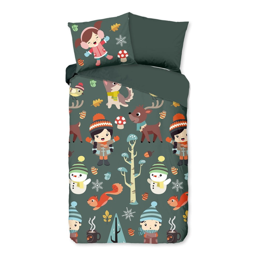 Sötétzöld egyszemélyes-hosszabbított pamut gyerek ágyneműhuzat 140x220 cm Fun – Good Morning