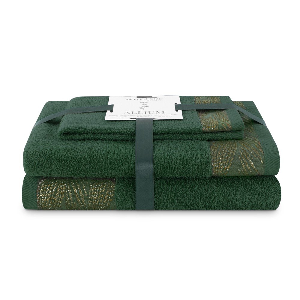 Sötétzöld frottír pamut törölköző és fürdőlepedő készlet 3 db-os Allium – Restilo