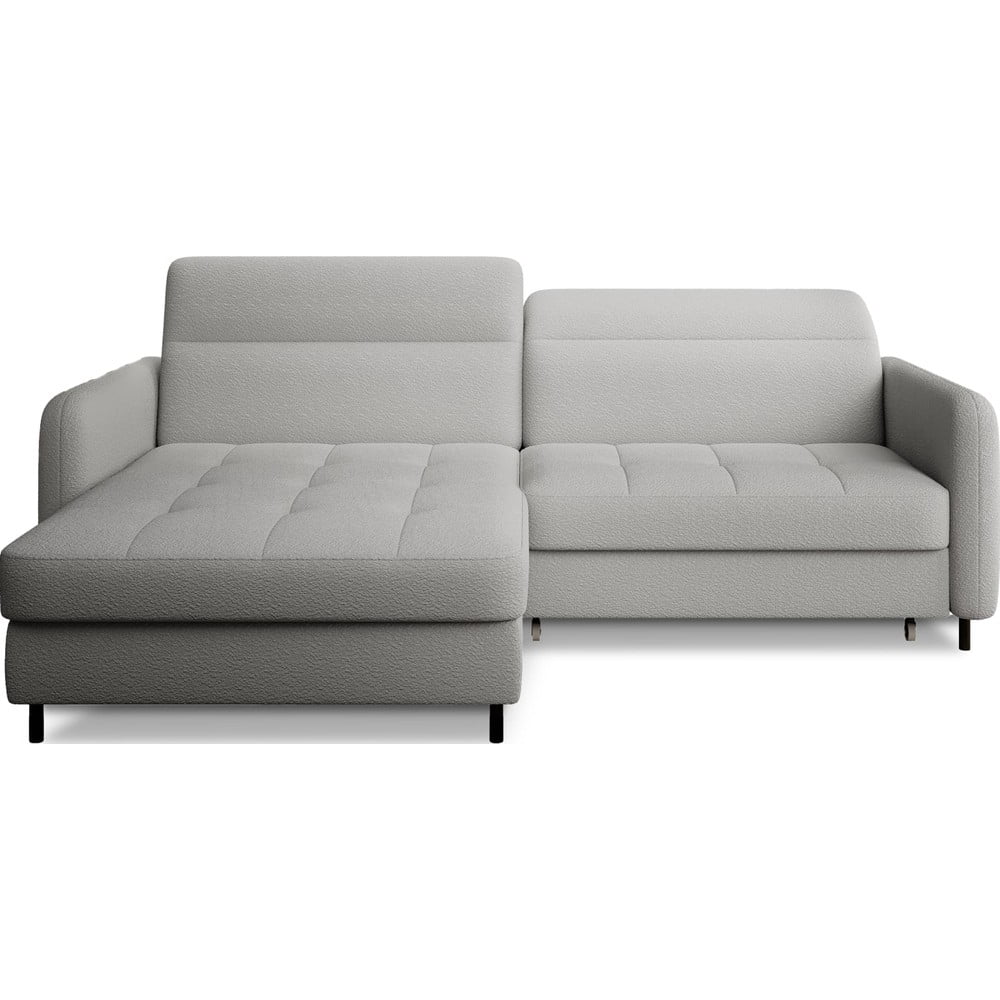 Szürke buklé kinyitható-tárolóhelyes sarokkanapé (bal oldali-heverő résszel) Gomsi – ELTAP