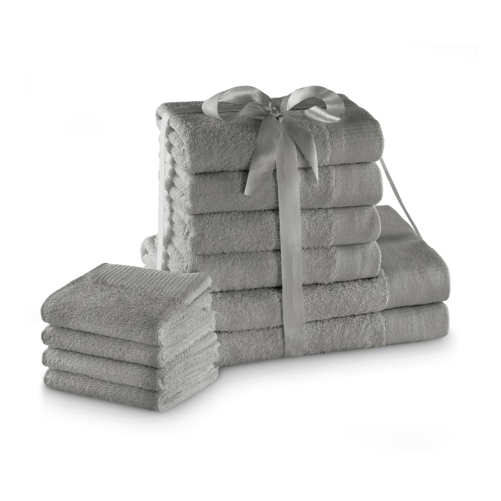 Szürke frottír pamut törölköző és fürdőlepedő készlet 10 db-os Amari – Restilo