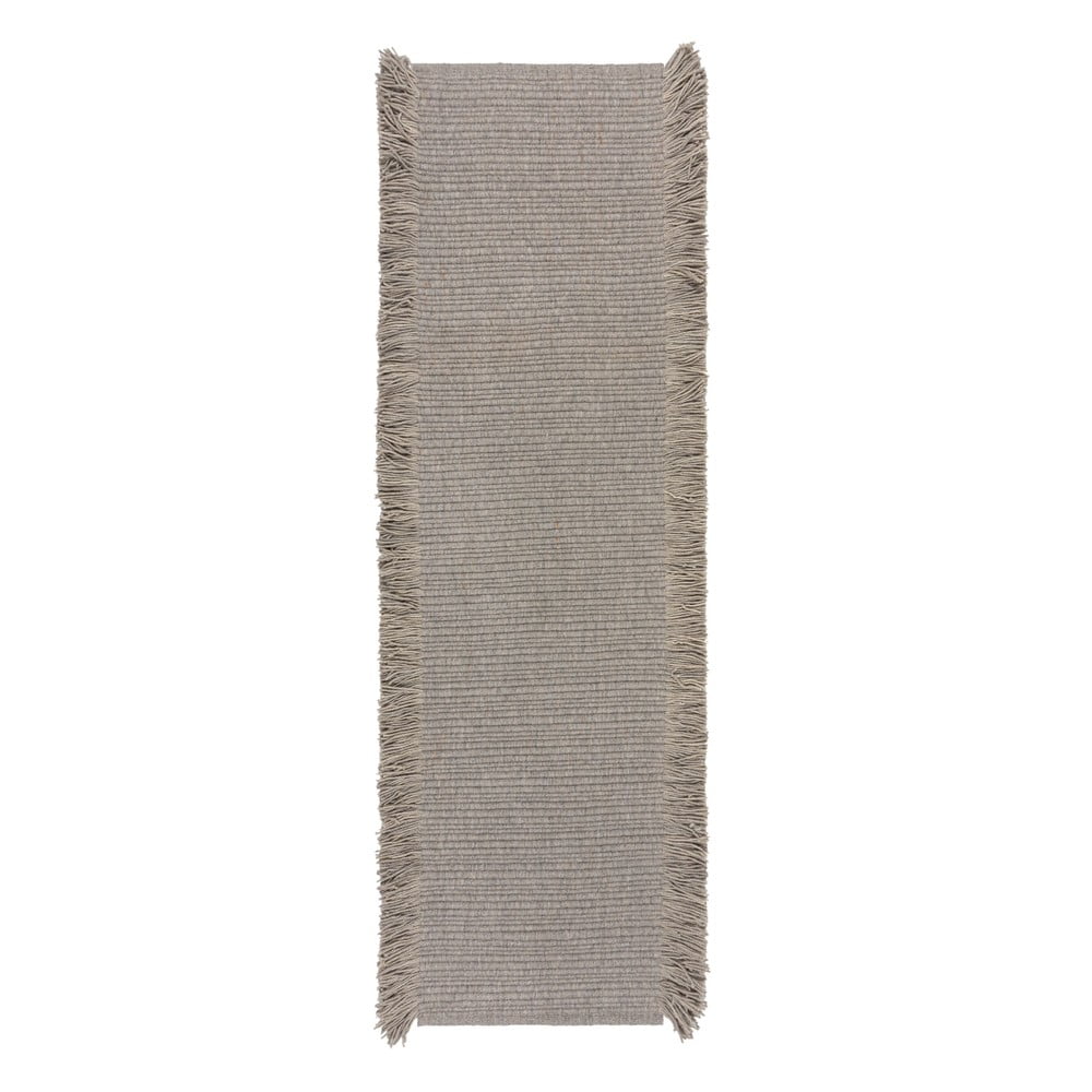 Szürke kézi szövésű gyapjúkeverék futószőnyeg 60x230 cm Rene Fringed Ribbed – Flair Rugs