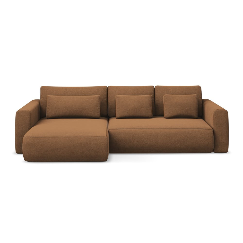 Terrakotta színű kinyitható-tárolóhelyes sarokkanapé (bal oldali-heverő résszel) Kapua – Makamii