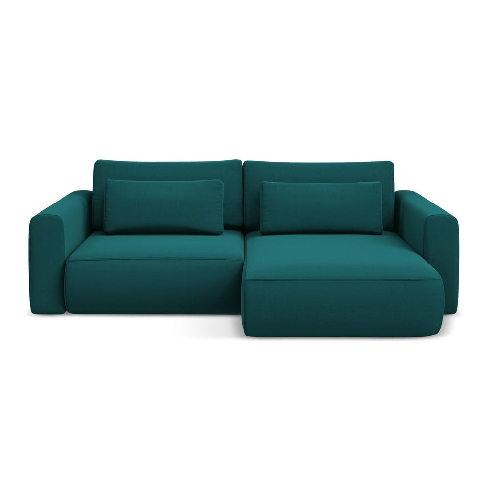 Türkiz bársony kinyitható-tárolóhelyes sarokkanapé (jobb oldali-heverő résszel) Kapua – Makamii