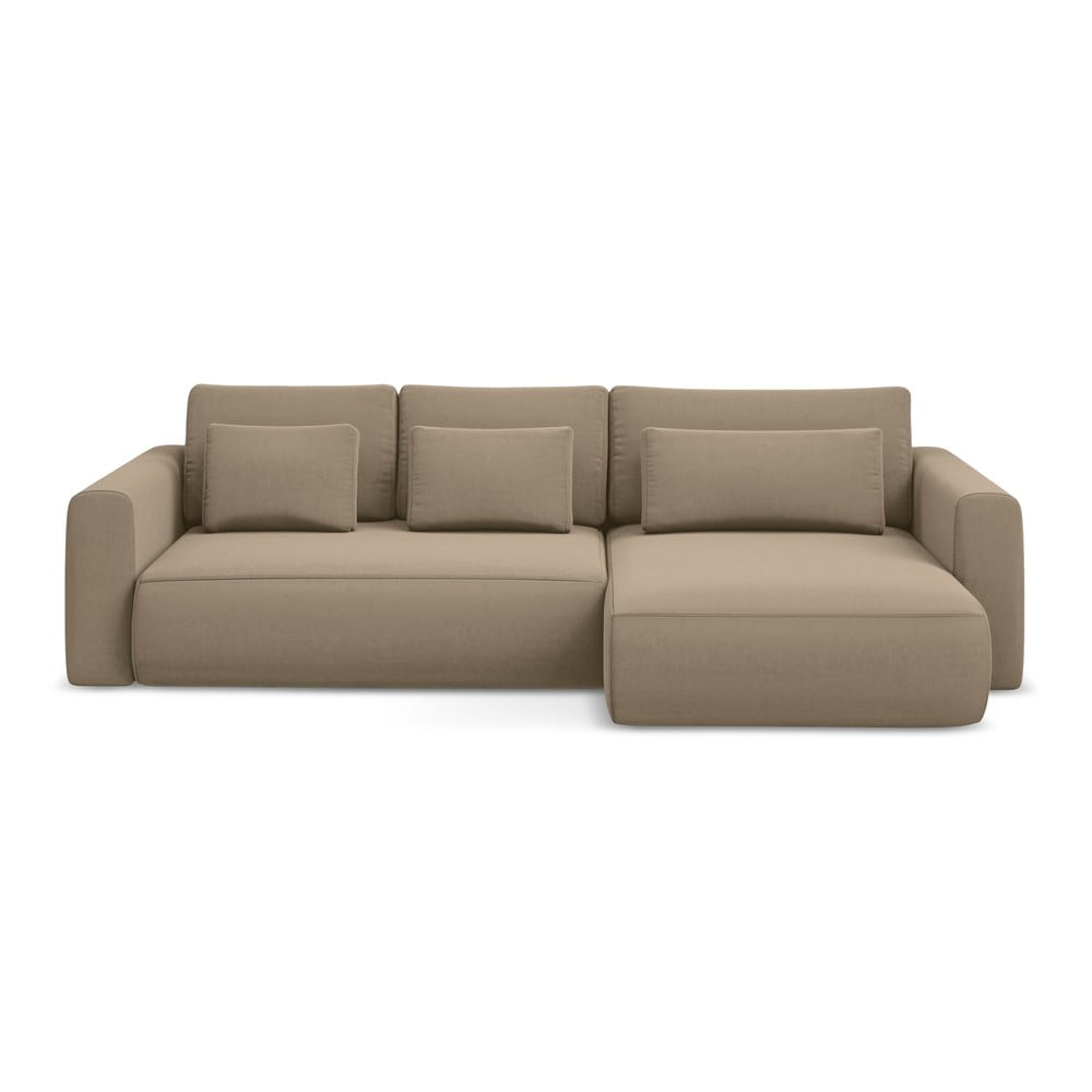 Világosbarna bársony kinyitható-tárolóhelyes sarokkanapé (jobb oldali-heverő résszel) Kapua – Makamii