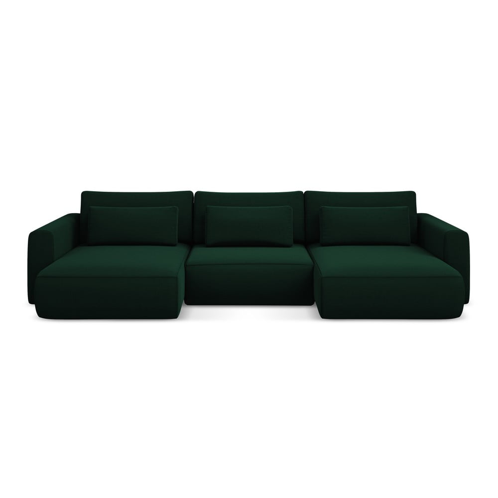 Zöld bársony kinyitható-tárolóhelyes (U alakú) sarokkanapé Kapua – Makamii