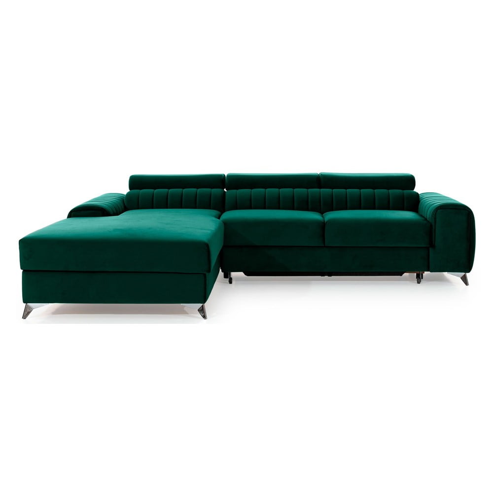 Zöld bársony kinyitható-tárolóhelyes sarokkanapé (bal oldali-heverő résszel) Grayson – ELTAP