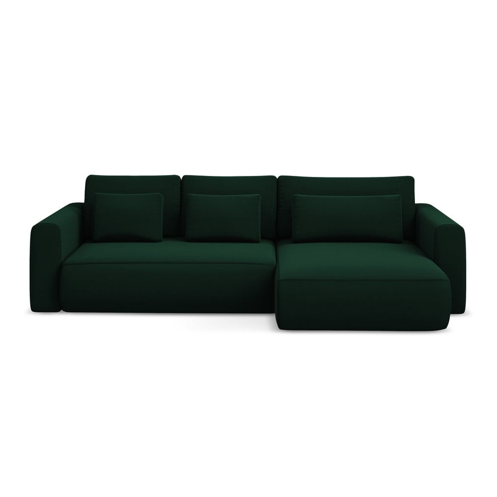 Zöld bársony kinyitható-tárolóhelyes sarokkanapé (jobb oldali-heverő résszel) Kapua – Makamii