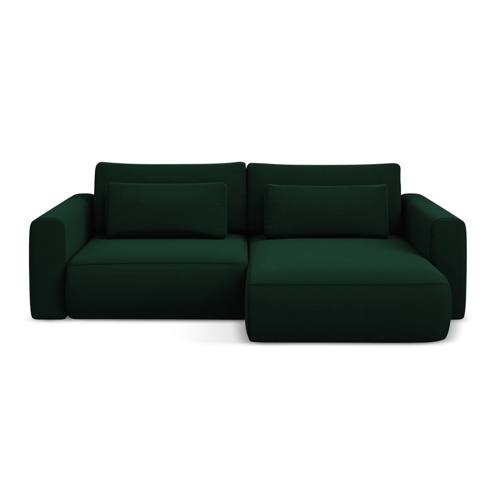 Zöld bársony kinyitható-tárolóhelyes sarokkanapé (jobb oldali-heverő résszel) Kapua – Makamii