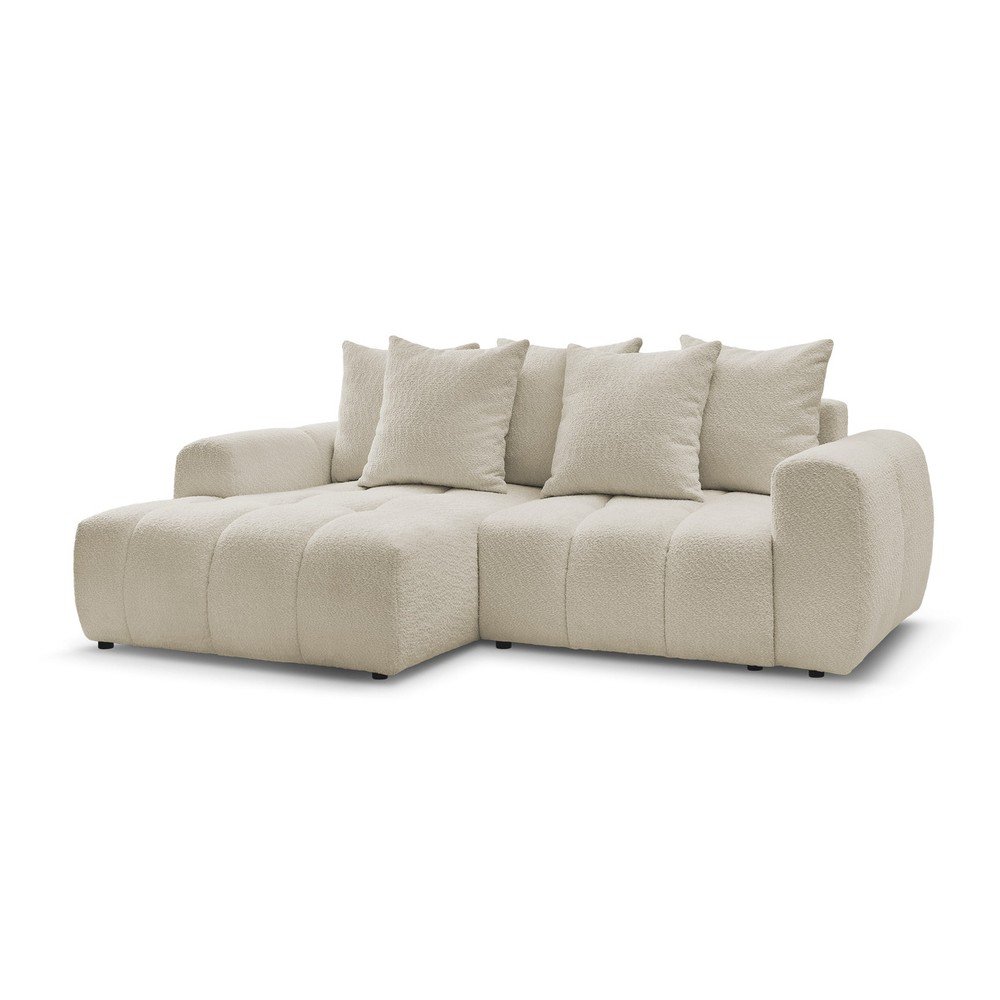 Bézs buklé kinyitható-tárolóhelyes sarokkanapé (bal oldali-heverő résszel) Roxelane – Bobochic Paris