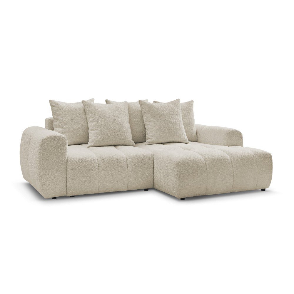 Bézs buklé kinyitható-tárolóhelyes sarokkanapé (jobb oldali-heverő résszel) Roxelane – Bobochic Paris