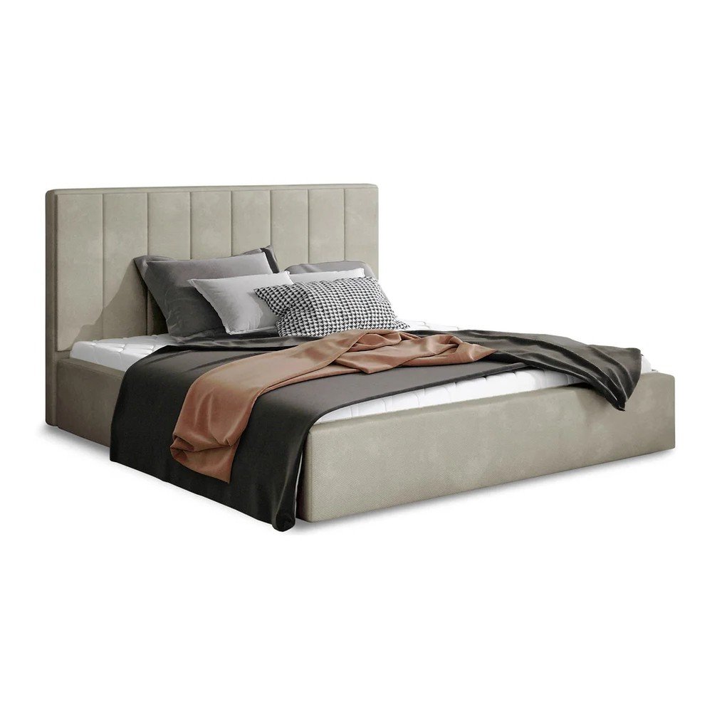 Bézs kárpitozott ágyneműtartós franciaágy ágyráccsal 160x200 cm Audrey – ELTAP