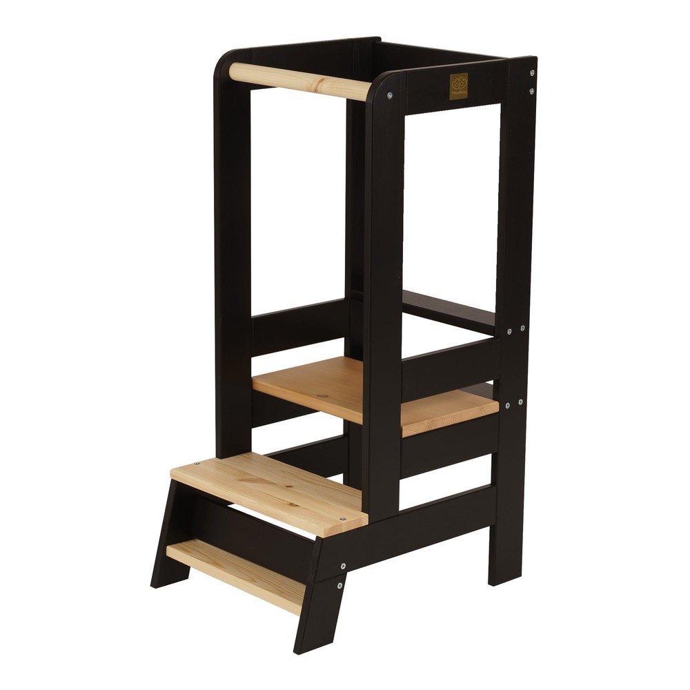 Fekete-natúr színű borovi fenyő tanulótorony Montessori – Meowbaby