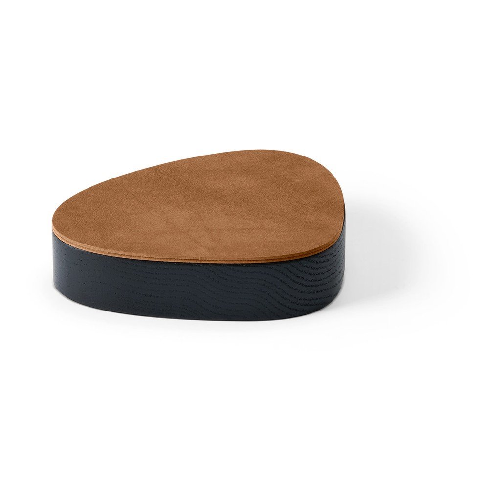 Fekete-natúr színű fedeles-dekoratív fa-öko bőr tárolódoboz 14x12