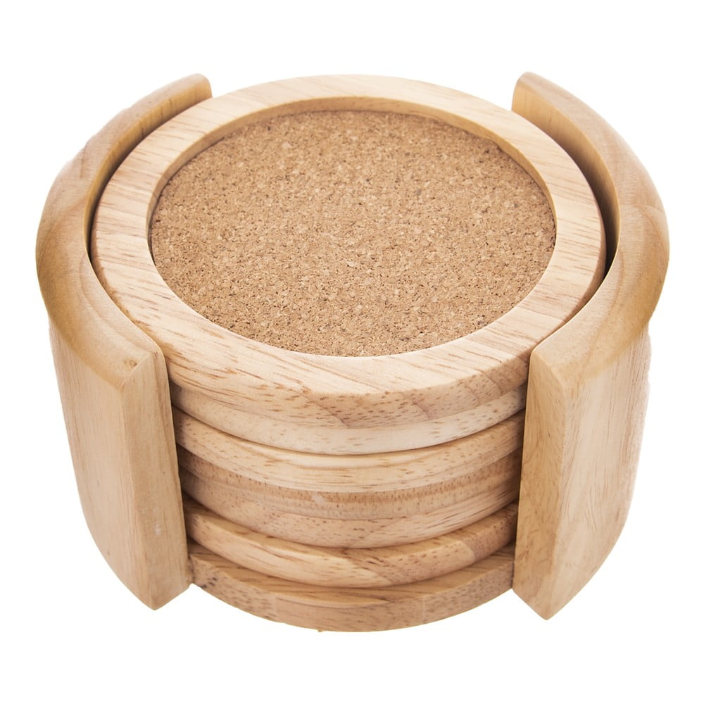 Natúr színű fa poháralátét szett 6 db-os állvánnyal – Orion