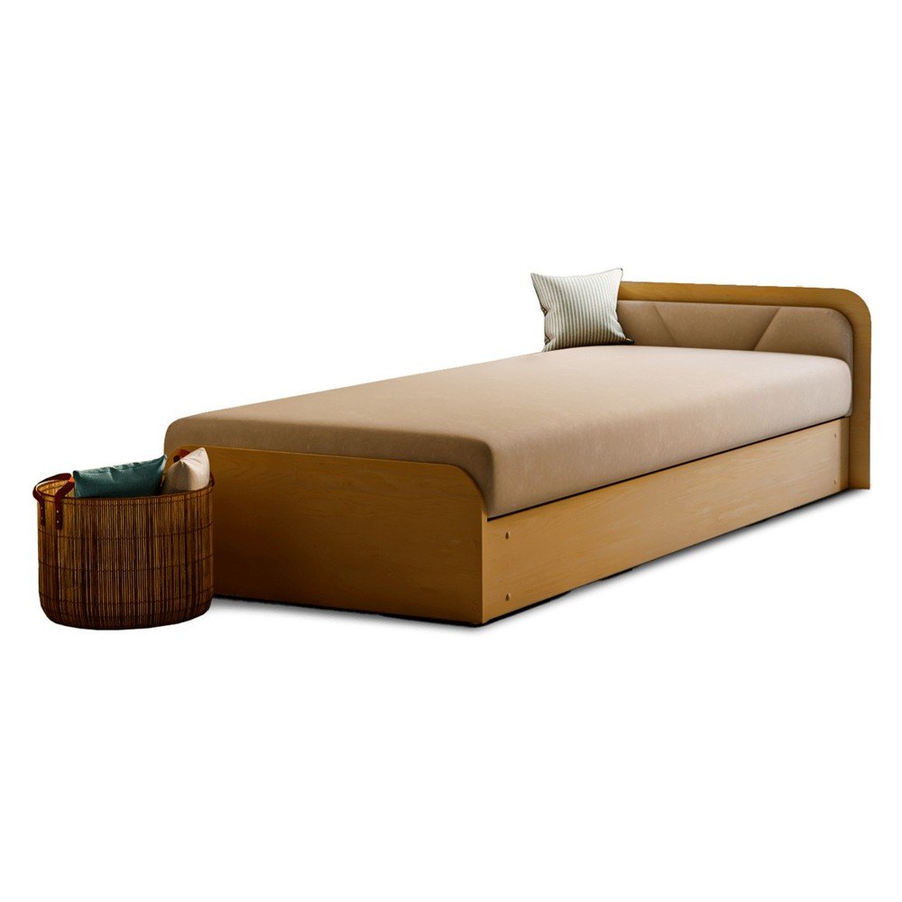 Okkersárga-bézs kárpitozott-forgácslemez ágyneműtartós egyszemélyes ágy matraccal 80x190 cm Parys – ELTAP