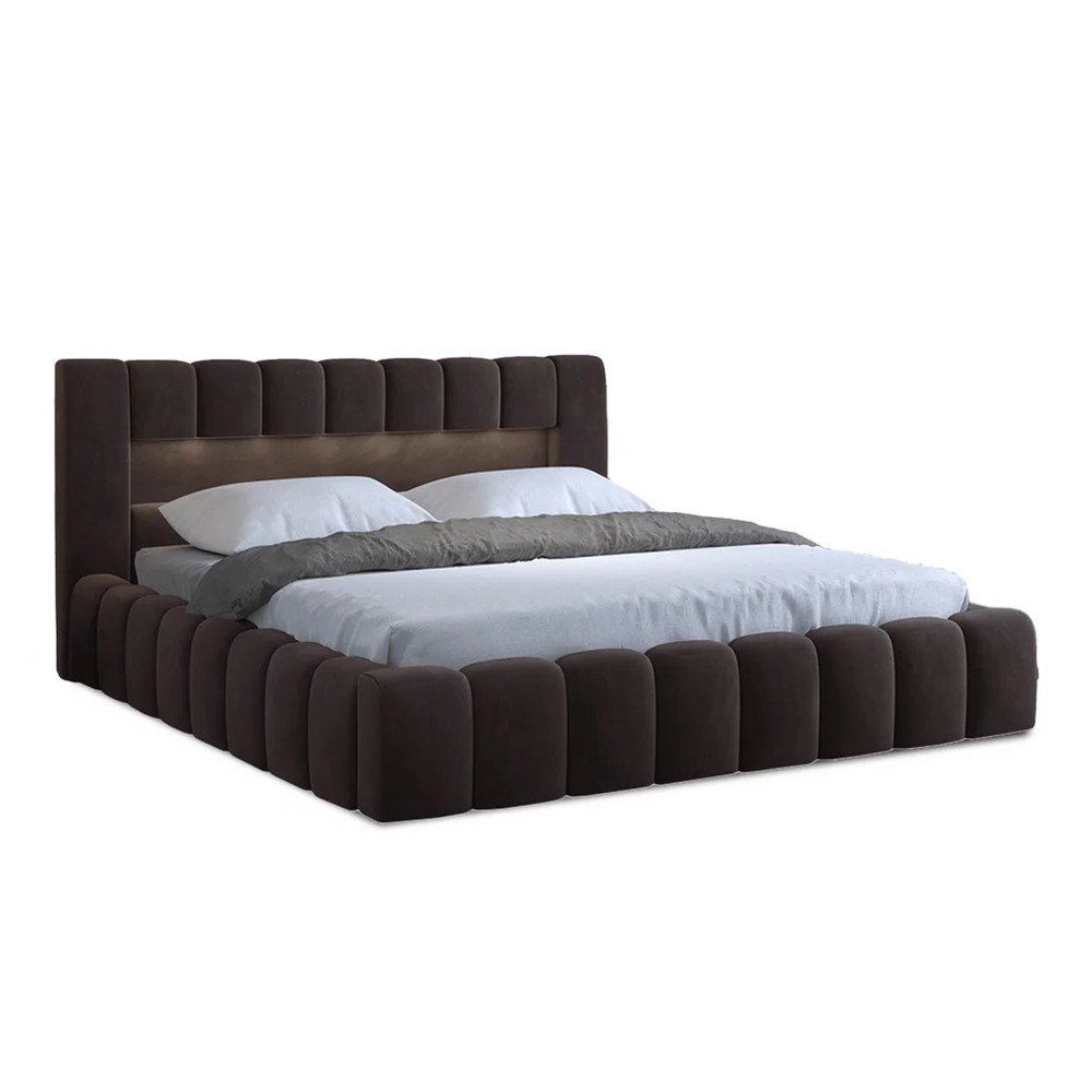 Sötétbarna kárpitozott ágyneműtartós franciaágy ágyráccsal 180x200 cm Lamica – ELTAP