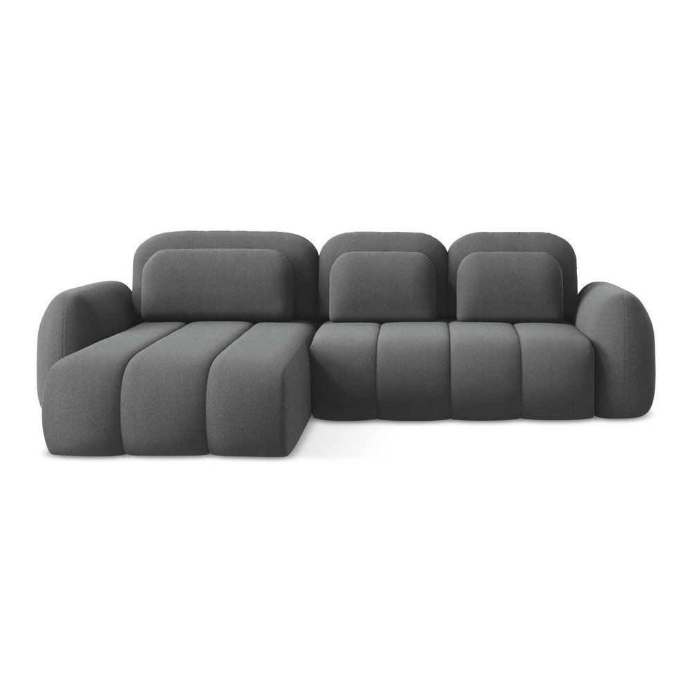 Sötétszürke buklé kinyitható-tárolóhelyes sarokkanapé (bal oldali-heverő résszel) Pele – Makamii