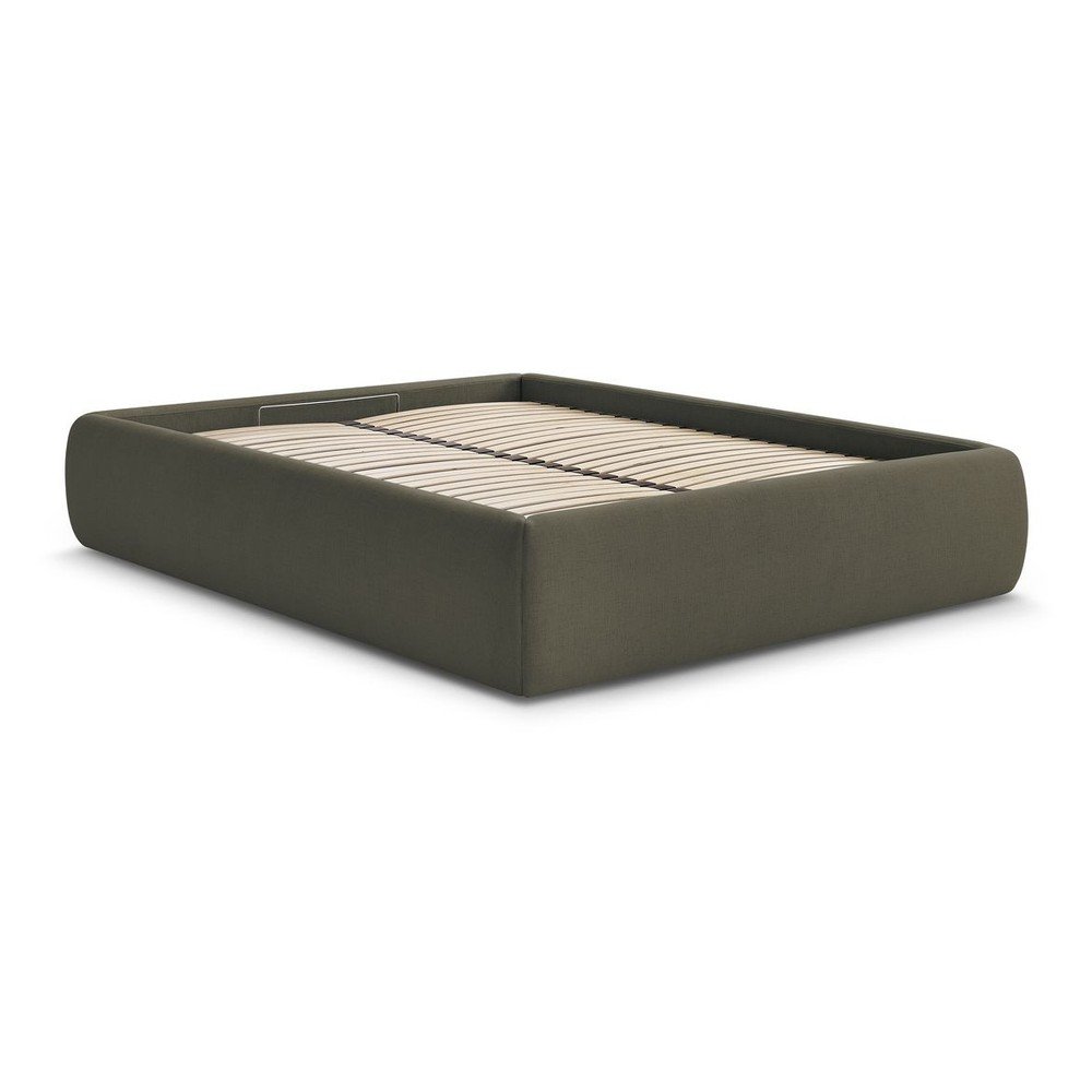 Sötétzöld kárpitozott ágyneműtartós franciaágy ágyráccsal