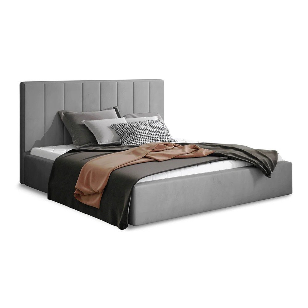 Szürke kárpitozott ágyneműtartós franciaágy ágyráccsal 200x200 cm Audrey – ELTAP