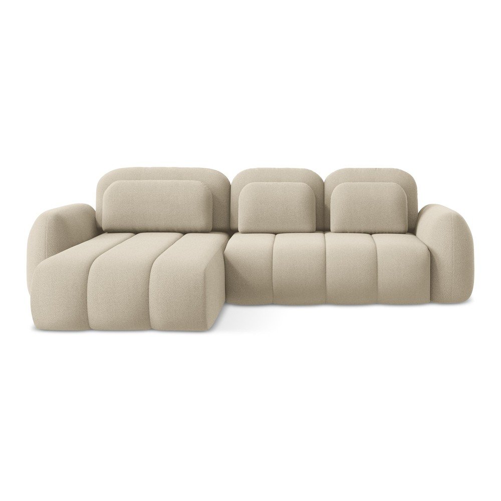 Világosbarna buklé kinyitható-tárolóhelyes sarokkanapé (bal oldali-heverő résszel) Pele – Makamii