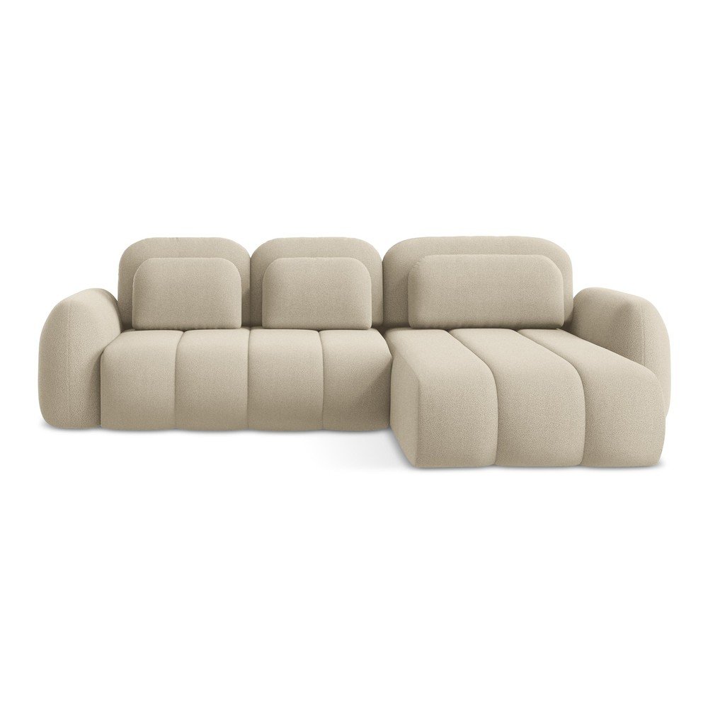 Világosbarna buklé kinyitható-tárolóhelyes sarokkanapé (jobb oldali-heverő résszel) Pele – Makamii