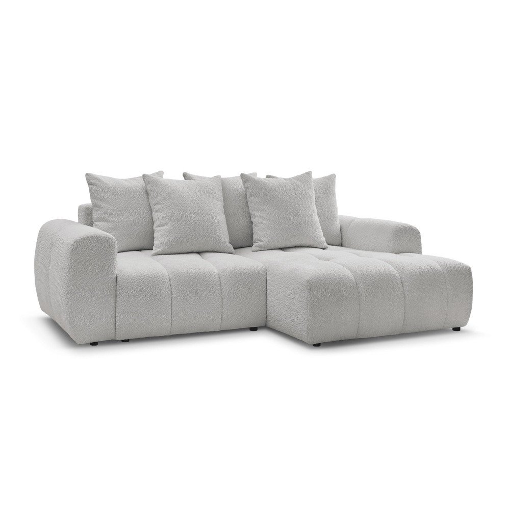 Világosszürke buklé kinyitható-tárolóhelyes sarokkanapé (jobb oldali-heverő résszel) Roxelane – Bobochic Paris