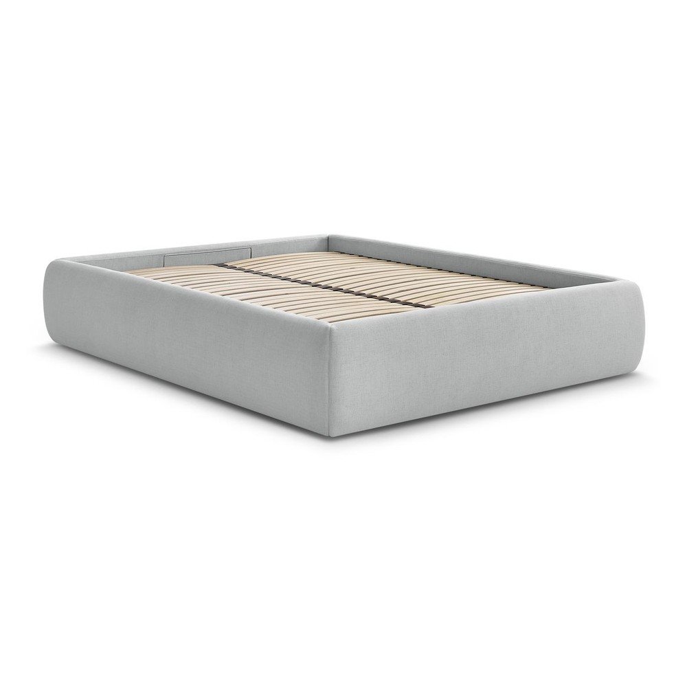 Világosszürke kárpitozott ágyneműtartós franciaágy ágyráccsal