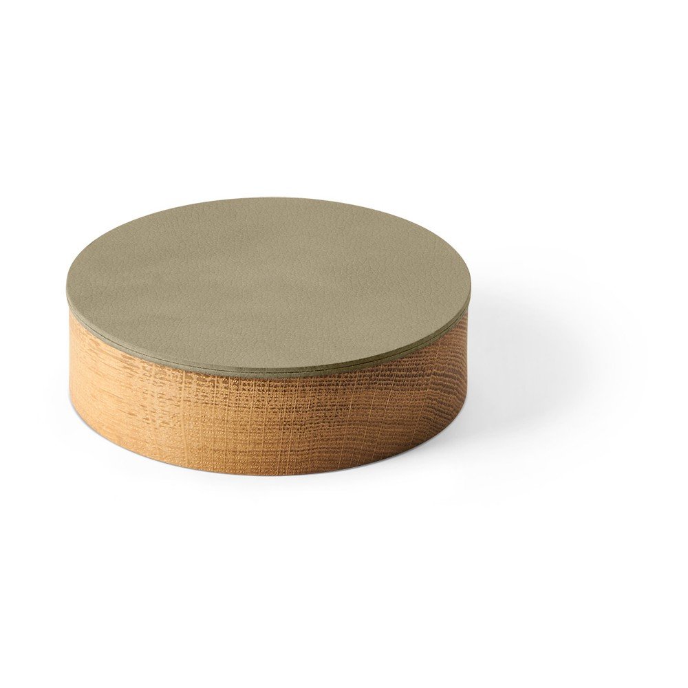 Zöld-natúr színű fedeles-dekoratív fa-öko bőr tárolódoboz ø 11x3