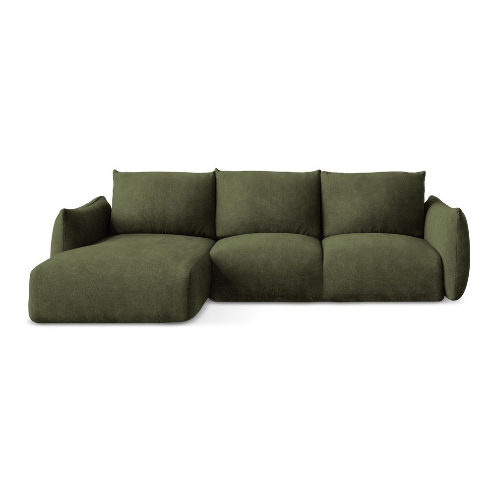 Zöld zsenília kinyitható sarokkanapé (bal oldali-heverő résszel) Leila – Makamii